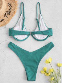 OFF POPULAR ZAFUL Ribbed High Leg Underwire Bikini Swimsuit In SEA TURTLE GREEN ZAFUL