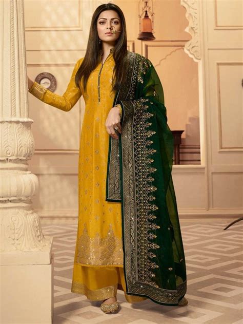 Drashti Dhami Jacquard Silk Yellow Embroidered Palazzo Suit XXL