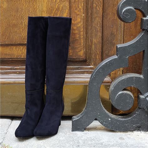 Navy Blue Suede Leather Knee High Boots Women Blue High Boots Navy