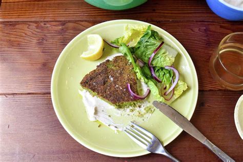 Recipe Green Garlic Falafel Cake With Tahini Salad