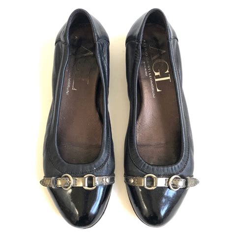 Agl Black Leather Cap Toe Ballet Flat Gem