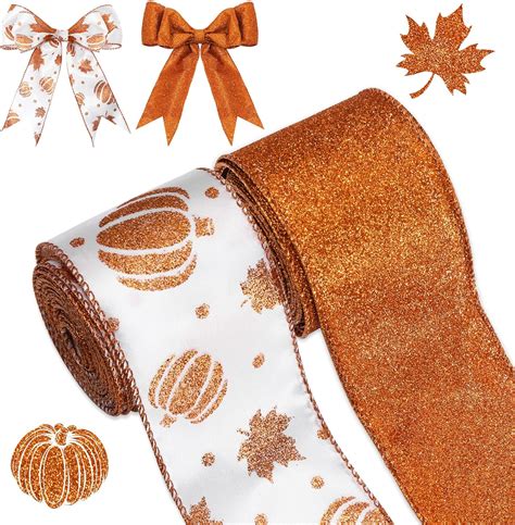 Amazon Whaline 2 Rolls Fall Wired Edge Ribbon Glitter Orange