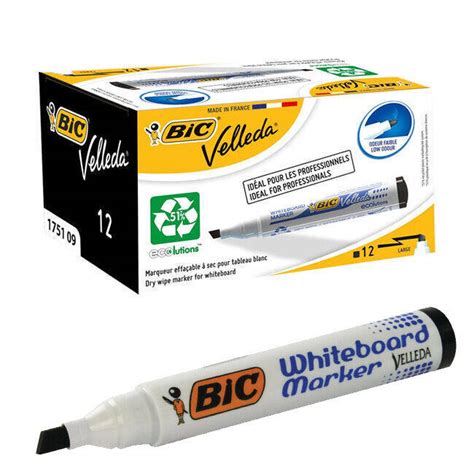 Bic Velleda 1751 Black Drywipe Whiteboard Markers With Chisel Tip