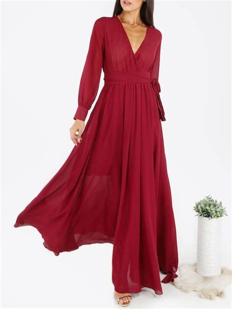 Burgundy Surplice Front Self Tie Cuff Sleeve Dress SheIn Sheinside