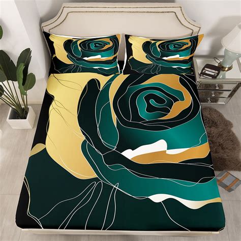 Yst Gold Black Dark Green Bed Sheets Abstract Rose Floral Fitted Sheet