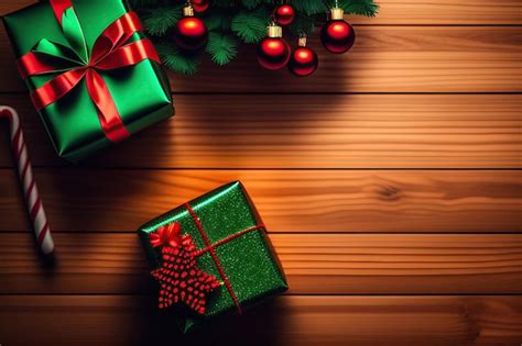 Premium AI Image Gifts Under Christmas Tree On Wooden Floor Top View