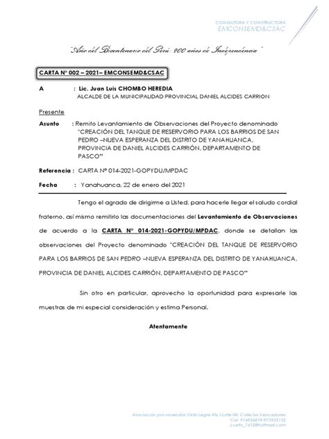 Carta De Levantamiento De Observaciones Pdf