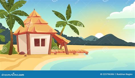 Cute Bungalow Or Beach Hut On Tropical Island Resort Vector