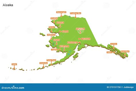 Vector Perspective Geographical Map of Alaska with Larger Cities Stock ...