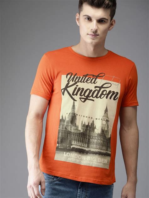 Buy Here Now Men Orange Printed Round Neck T Shirt Tshirts For Men