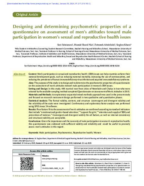 Pdf Designing And Determining Psychometric Properties Of A Questionnaire On Assessment Of Men