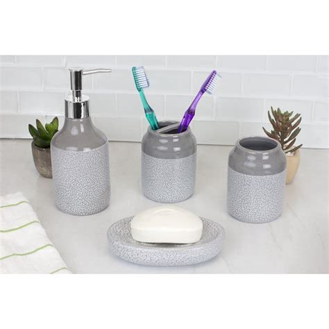 Home Basics Crackle 4 Piece Ceramic Bath Accessory Set Grey