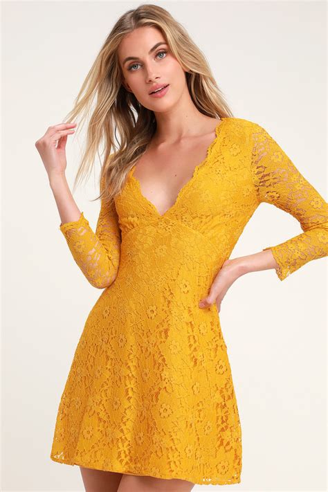 Cute Mustard Yellow Dress Lace Dress Dress Mini Dress Lulus