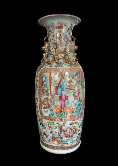 CHINE CANTON Vers 1880 Grand Vase Balustre En Porcelaine Et