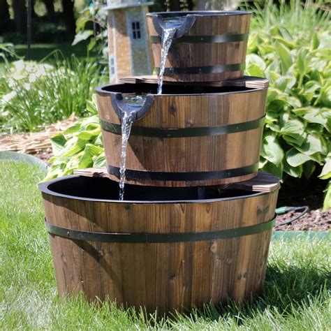 Sunnydaze Rustic 3 Tier Wood Barrel Water Fountain 30 Inch Tall