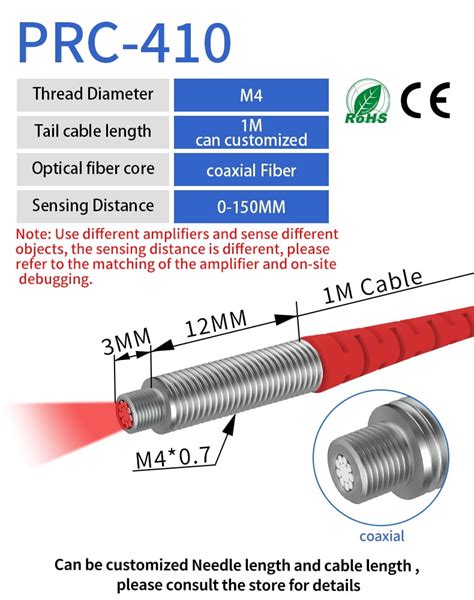 Fiber Optic Sensor Probe Diffuse Reflection M3 M4 M6 1 2M Cable Coaxial