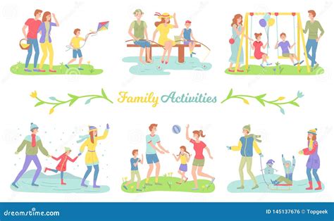 Family Activities Flat Vector Illustrations Set. Happy Childhood ...