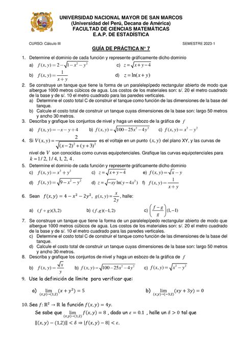 GuÍa De Práctica N° 7 Cálculo Iii Universidad Nacional Mayor De San Marcos Universidad Del