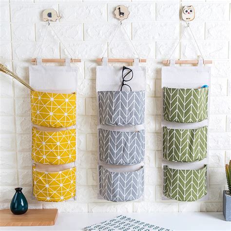 Buy 3 Pockets Wall Hanging Storage Bag Cotton Fabric Closet Organizer Storage