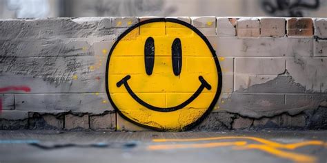 Smiley Face Emoticon Graffiti On A Grungy Wall Sprayed With Yellow