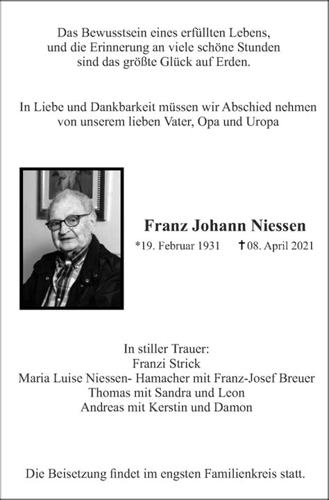 Traueranzeigen Von Franz Johann Niessen Aachen Gedenkt