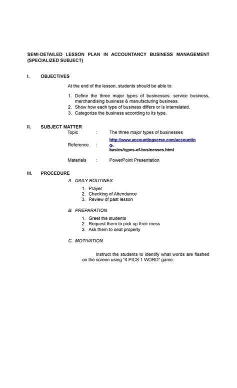 Semi Detailes Semi Detailed Lesson Plan For Grade 11 Abm Students