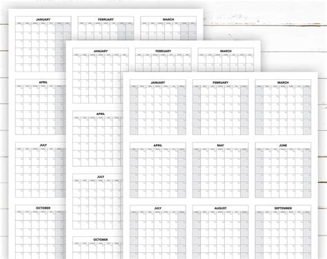 Blank Yearly Calendar Template Printables Set Multiple Variations Extra ...