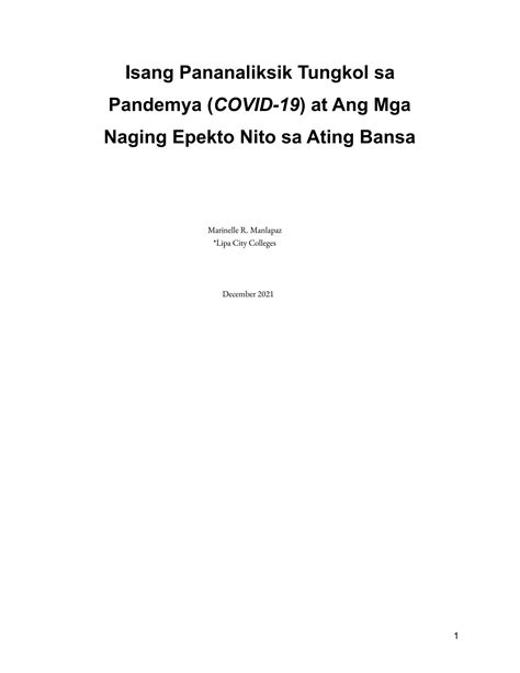 SOLUTION: Isang pananaliksik tungkol sa pandemya covid 19 at ang mga ...