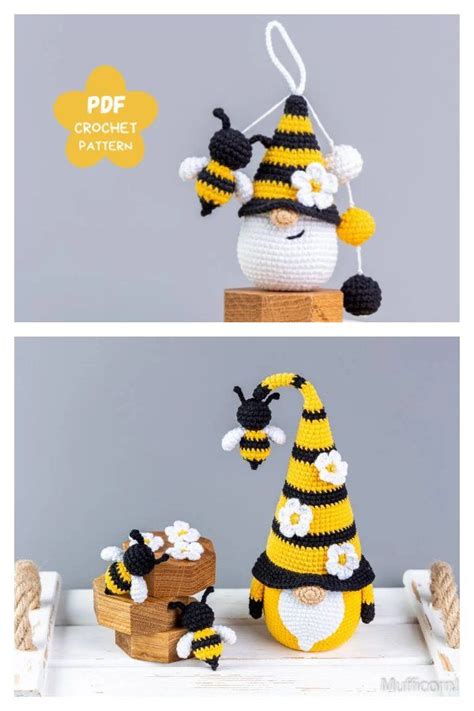 Crochet Pattern For A Bee Gnome Ornament With Flowers On The Top And Bottom