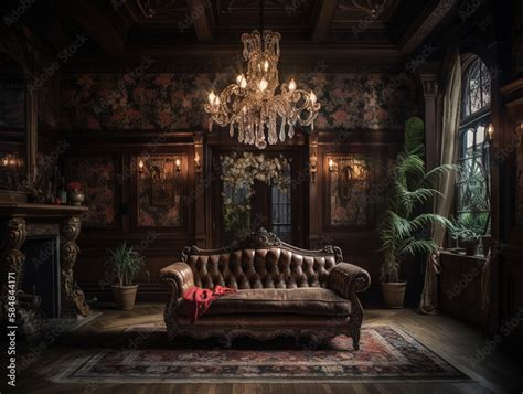 A living room with a Victorian-style design, featuring an ornate velvet sofa, intricate ...