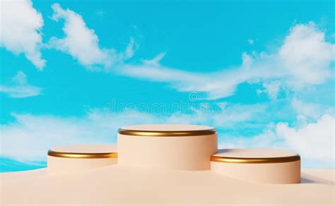 Cylinder Stage Podium Empty With Cloud Isolated On Blue Sky Background