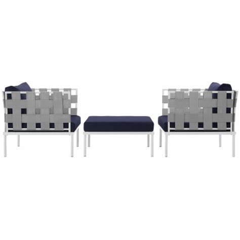 Harmony 3 Piece Outdoor Patio Aluminum Sectional Sofa Set White Navy