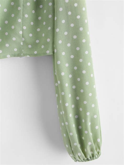 ZAFUL Low Cut Polka Dot Cropped Blouse GREEN Affiliate Polka Cut