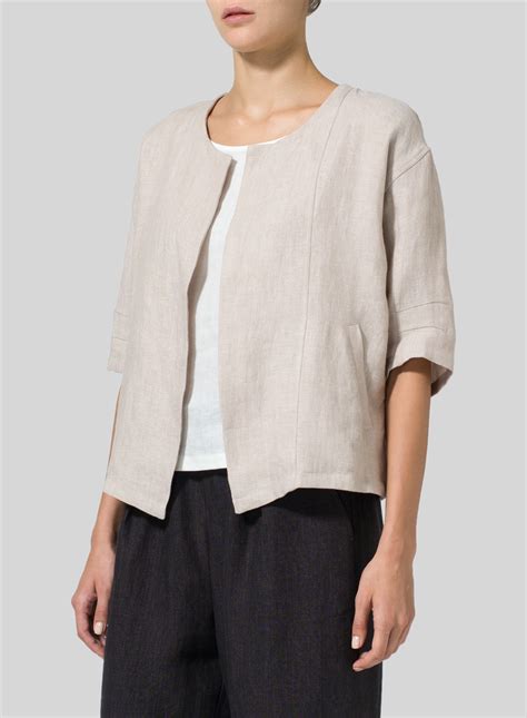 Twill Weave Linen Open Front Jacket Plus Size