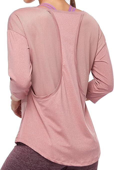 Cootry Workout Tops For Women 3 4 Sleeve Racerback Mesh Back Yoga Tunic Shirts Flowy Tops Coral