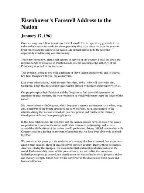 Eisenhower's Farewell Address To The Nation: January 17, 1961 | PDF ...