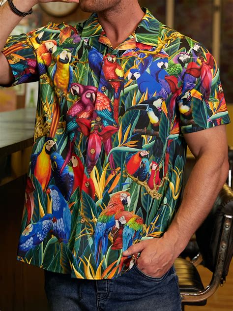 Hardaddy Mens Parrot Print Retro Breathable Hawaiian Shirt Hardaddy