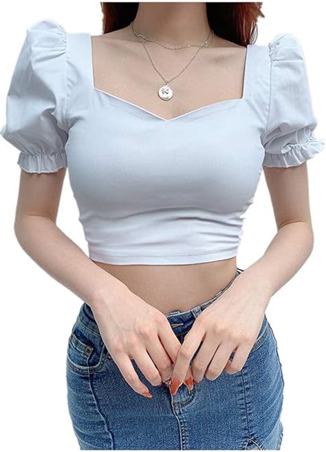 Crop Top De Manga Corta Para Mujer Cuello Cuadrado Mangas De