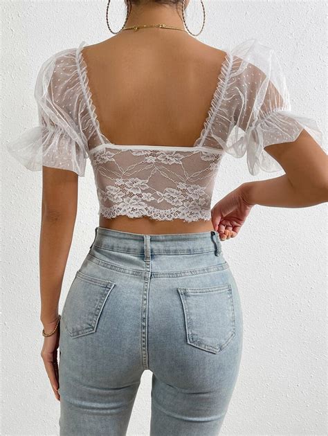 Shein Privé Sweetheart Neck Flounce Sleeve Bustier Crop Lace Top