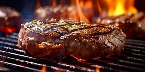 Premium Photo Beef Ribeye Steak Grilling On A Flaming Grill Generative Ai