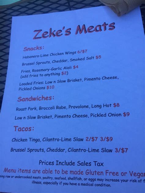 Carta De Zeke S Meats Raleigh