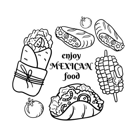 Mexican Food Coloring Page Doodle Burrito Tacos Corn Latin American