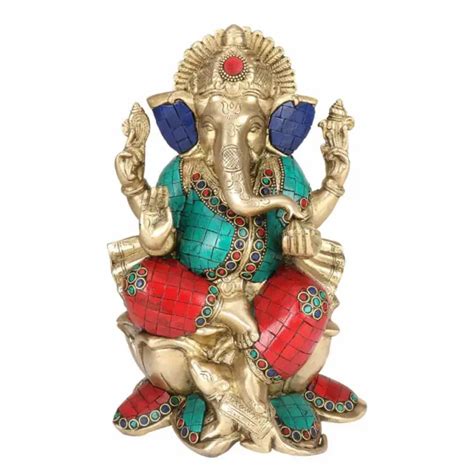 BRASS LORD GANESHA Idol Gift Ganpati Statue Puja Home Office Sitting On