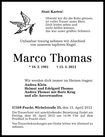 Traueranzeigen Von Marco Thomas Rz Trauer De