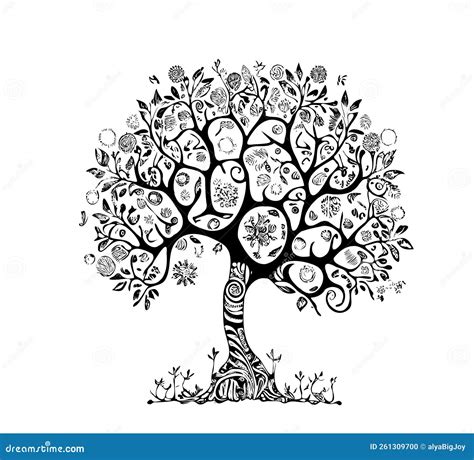 Tree Of Life Hand Drawn Sketch In Doodle Style Stock Vector