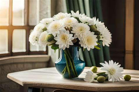 Un jarrón azul con flores blancas sobre una mesa y una ventana detrás