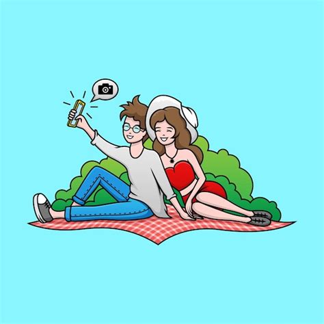 Ilustración de una pareja joven tomando una selfie en un picnic Vector