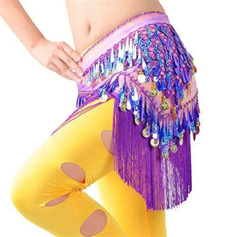 Feecolor Womens Belly Dance Tassels Triangle Hip Scarf Belt With Coins