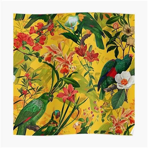 Vintage Yellow Tropical Bird Jungle Garden Poster By Utart Redbubble