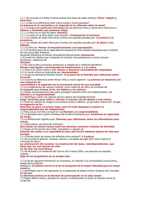 Ética y Deontología 1er Parcial 1 1 De acuerdo con Adela Cortina